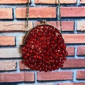 Vintage La Regale Red Beaded Crossbody Purse - (#0646)